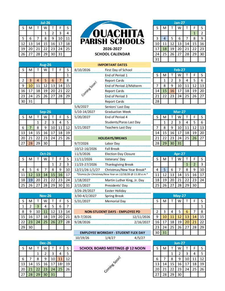 Ouachita Parish School Calendar 2026-2027