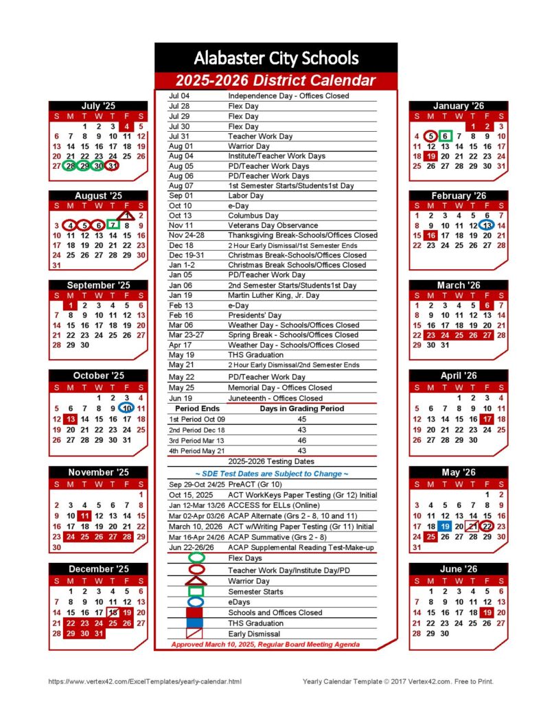 Alabaster City Schools Calendar 2025-2026