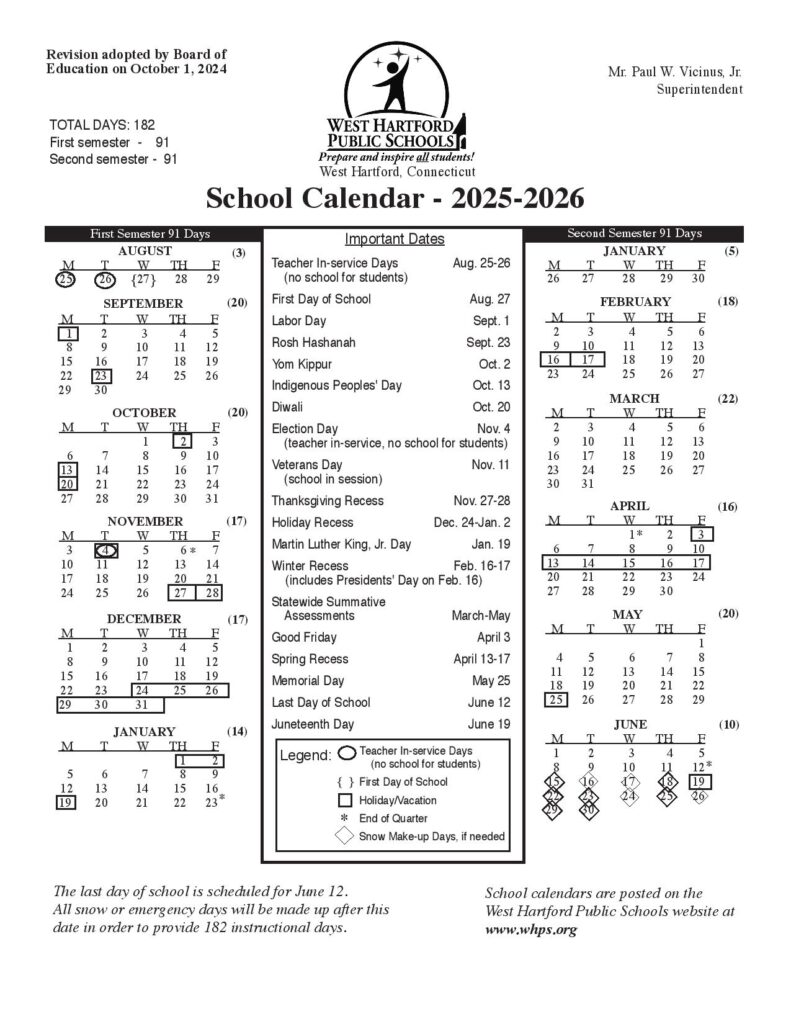 West Hartford Public Schools Calendar 2025
