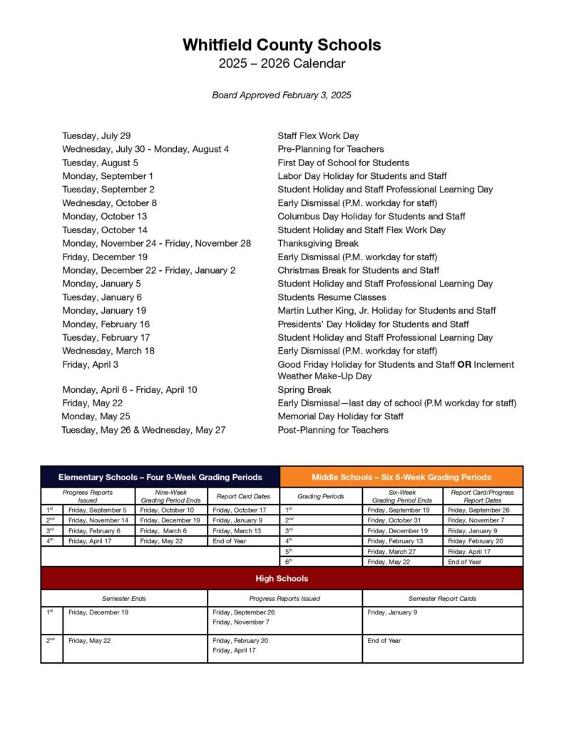 Whitfield County School District Calendar 2025