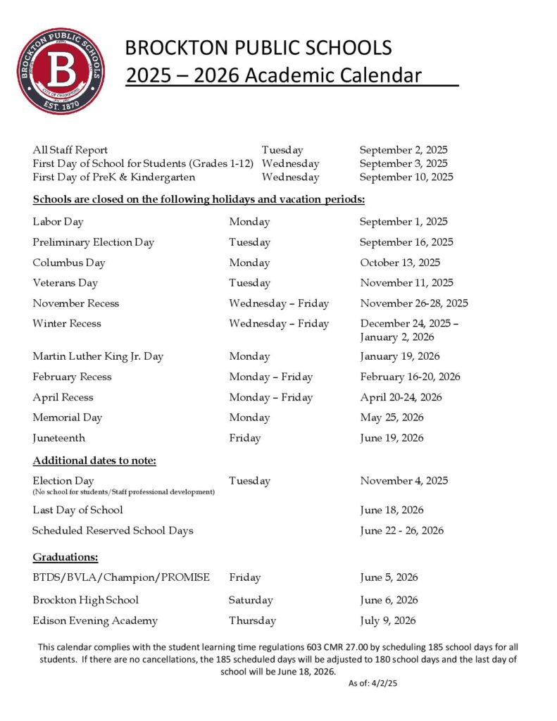 Brockton Public Schools Calendar 2025-2026