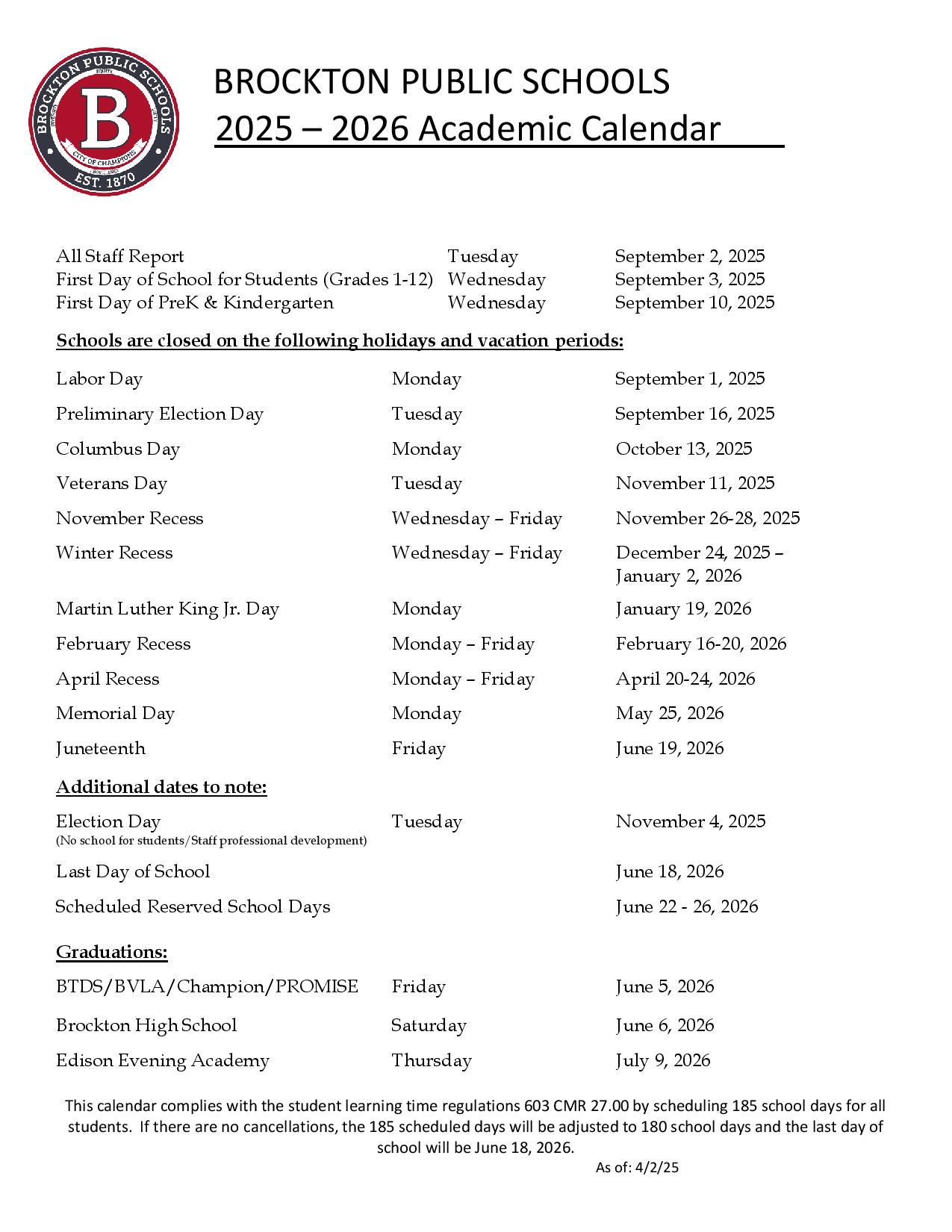 Brockton Public Schools Calendar 2025 2026 Holidays New School Calendar