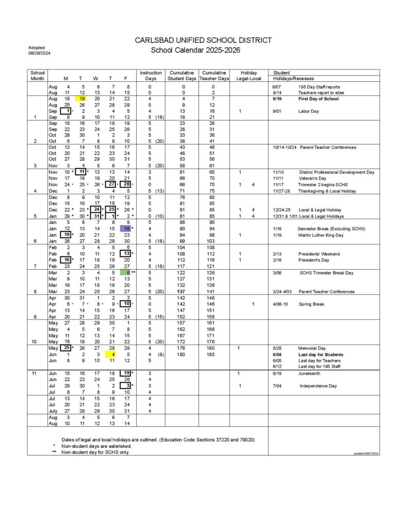 Carlsbad Unified School District Calendar 2025-2026