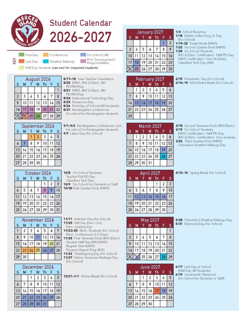 Mercer Island School District Calendar 2026-2027