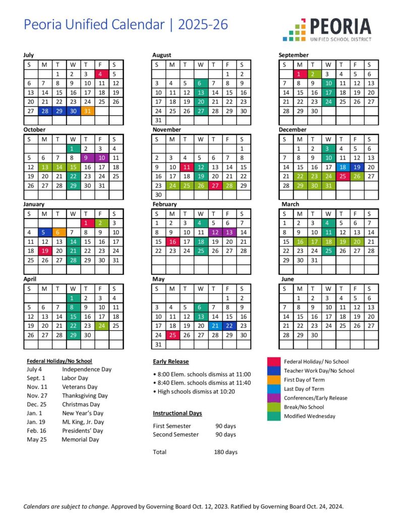 Peoria Unified School District Calendar 2025
