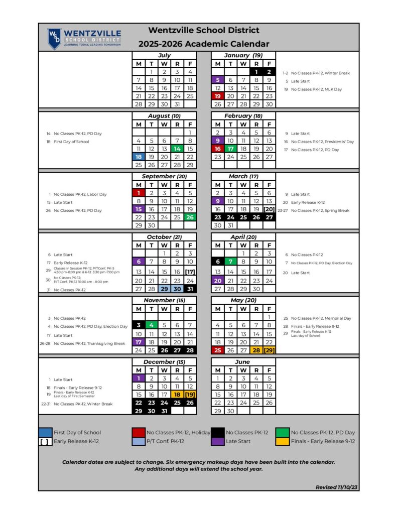Wentzville School District Calendar 2025-2026