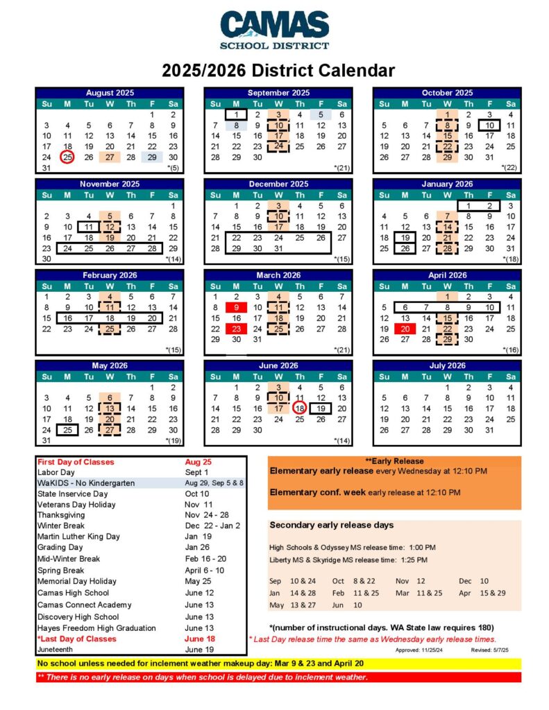 Camas School District Calendar 2025-2026