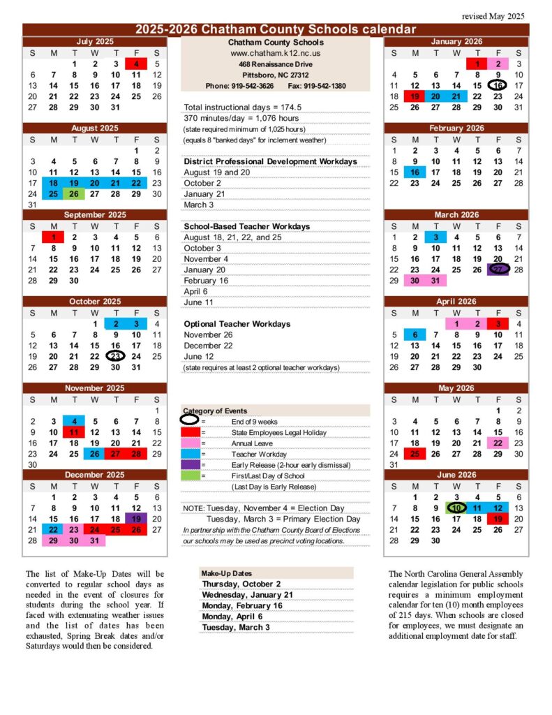 Chatham County Public Schools Calendar 2025-2026