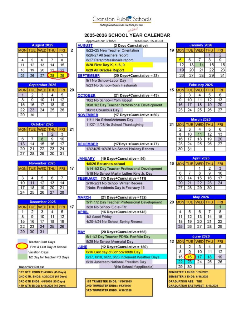 Cranston School District Calendar 2025-2026