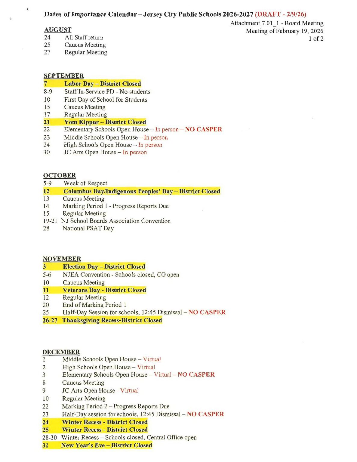 Jersey City Public Schools Calendar 20262027 Holidays