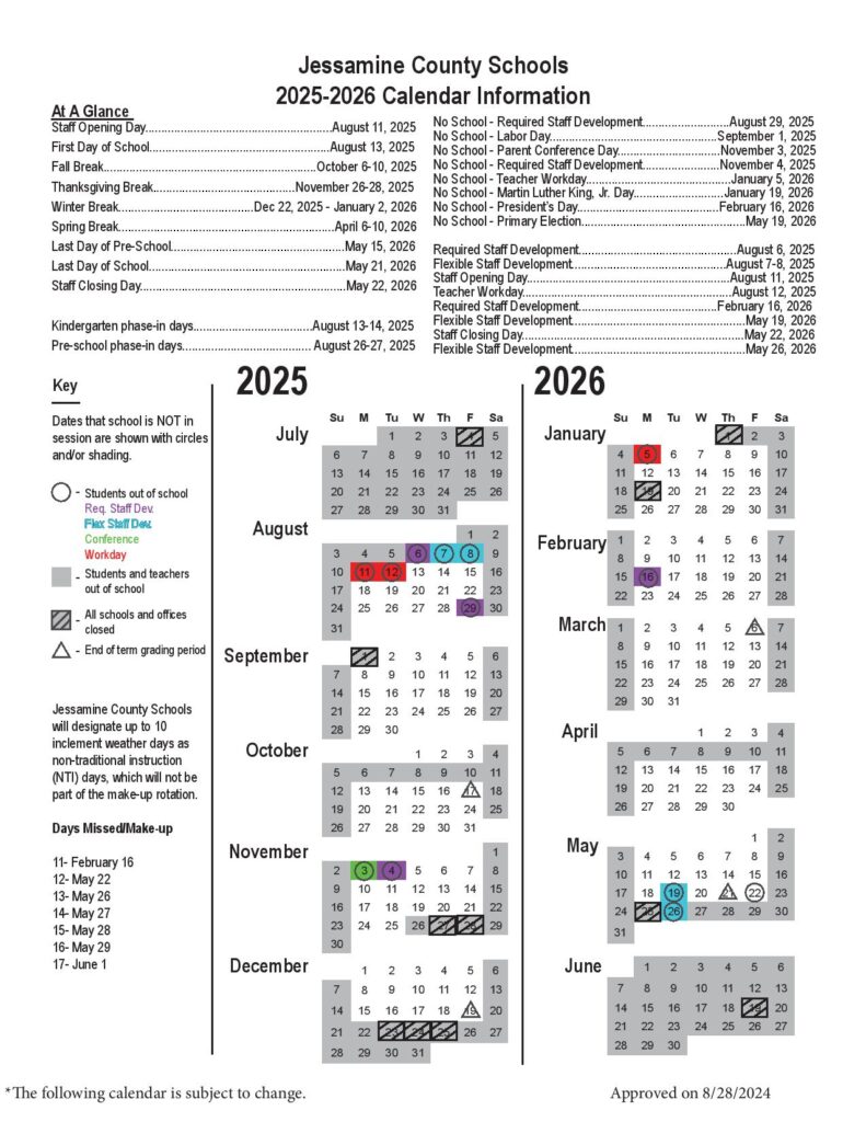 Jessamine County Schools Calendar 2025-2026