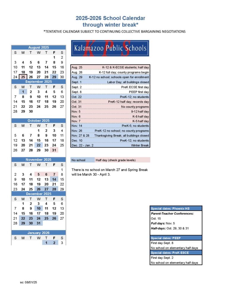Kalamazoo Public Schools Calendar 2025-2026