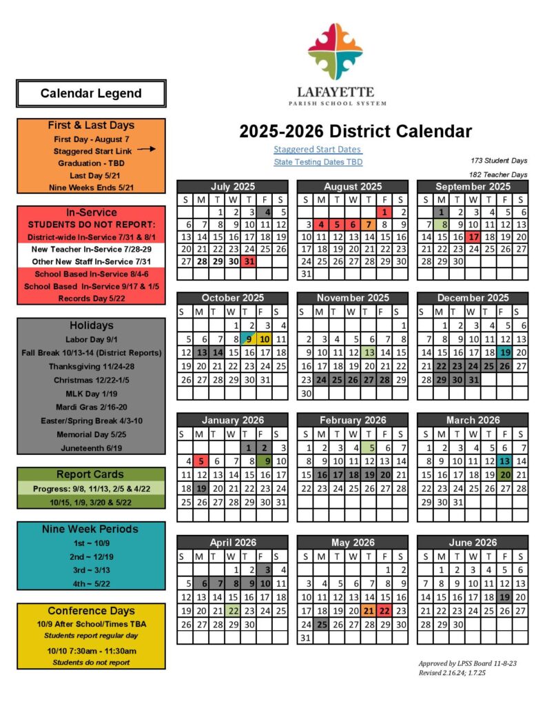 Lafayette Parish School Calendar 2025-2026