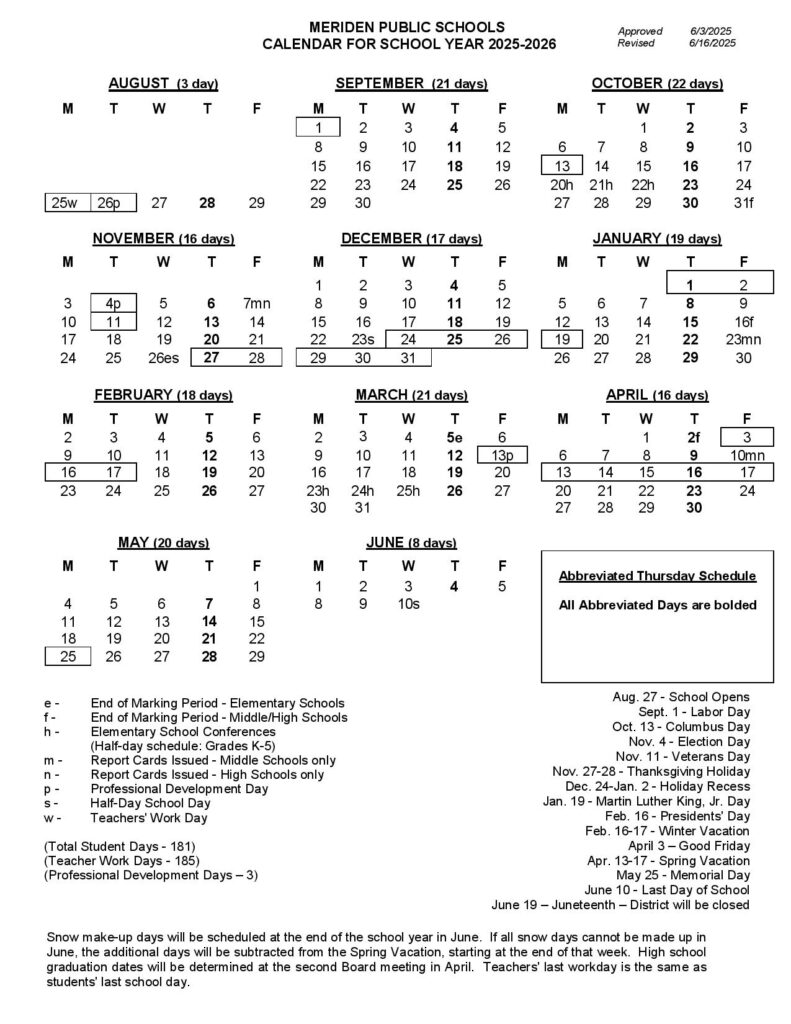 Meridian Public Schools Calendar 2025-2026