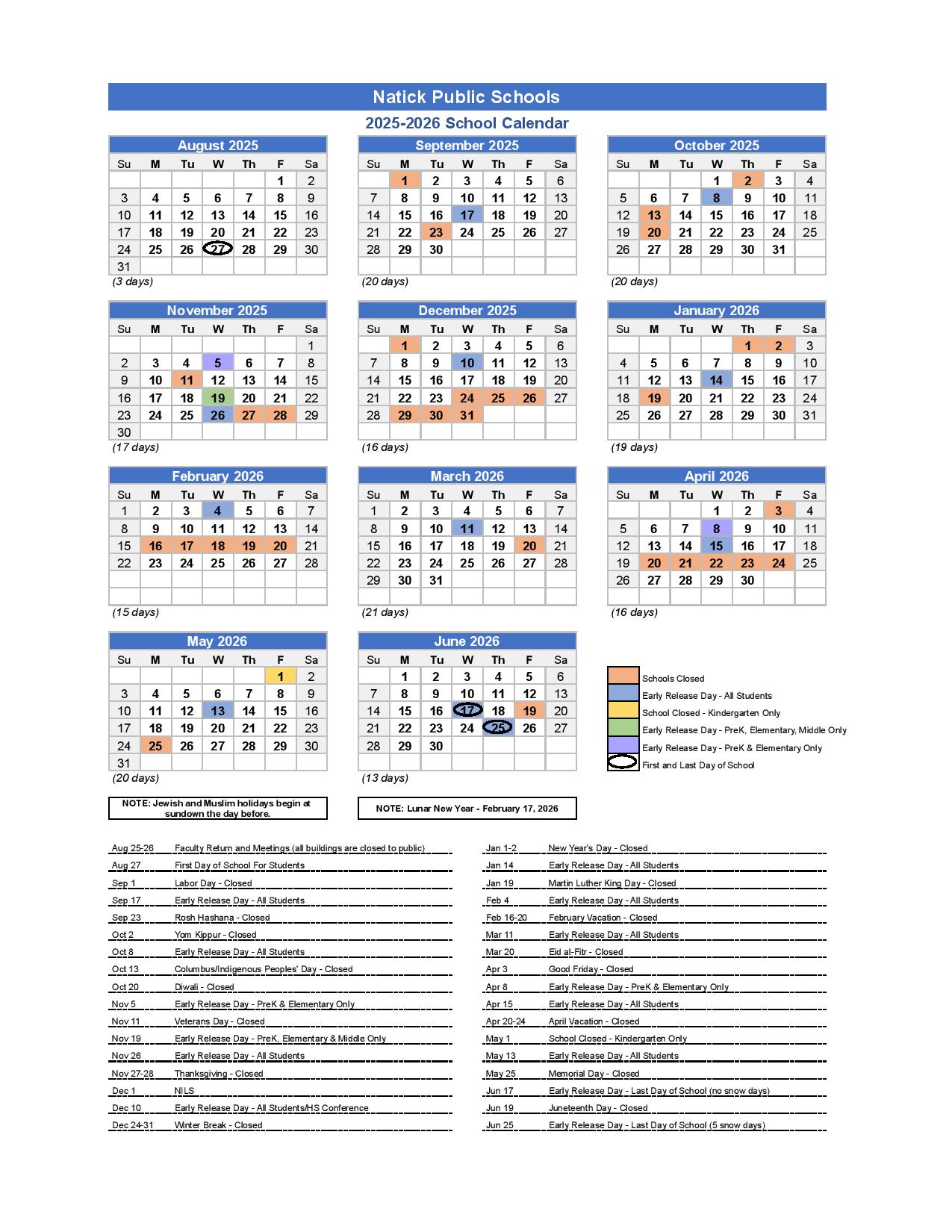 Natick Public Schools Calendar 2025 2026 Holidays