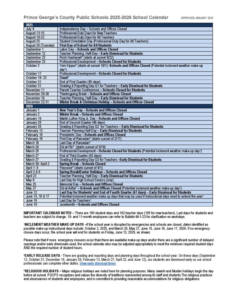Prince George's County Public Schools Calendar 2025