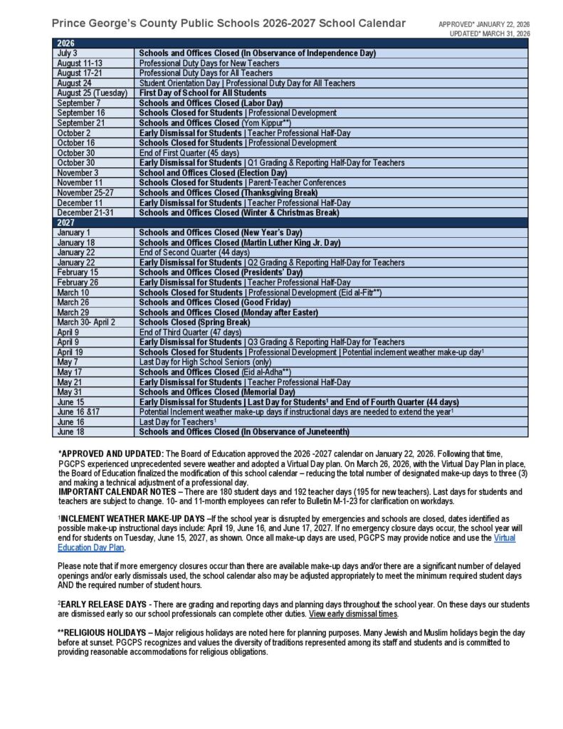 Prince George's County Public Schools Calendar 2026-2027