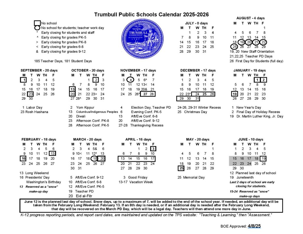 Trumbull Public Schools Calendar 2025-2026