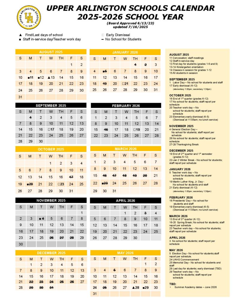 Upper Arlington School Calendar 2025-2026