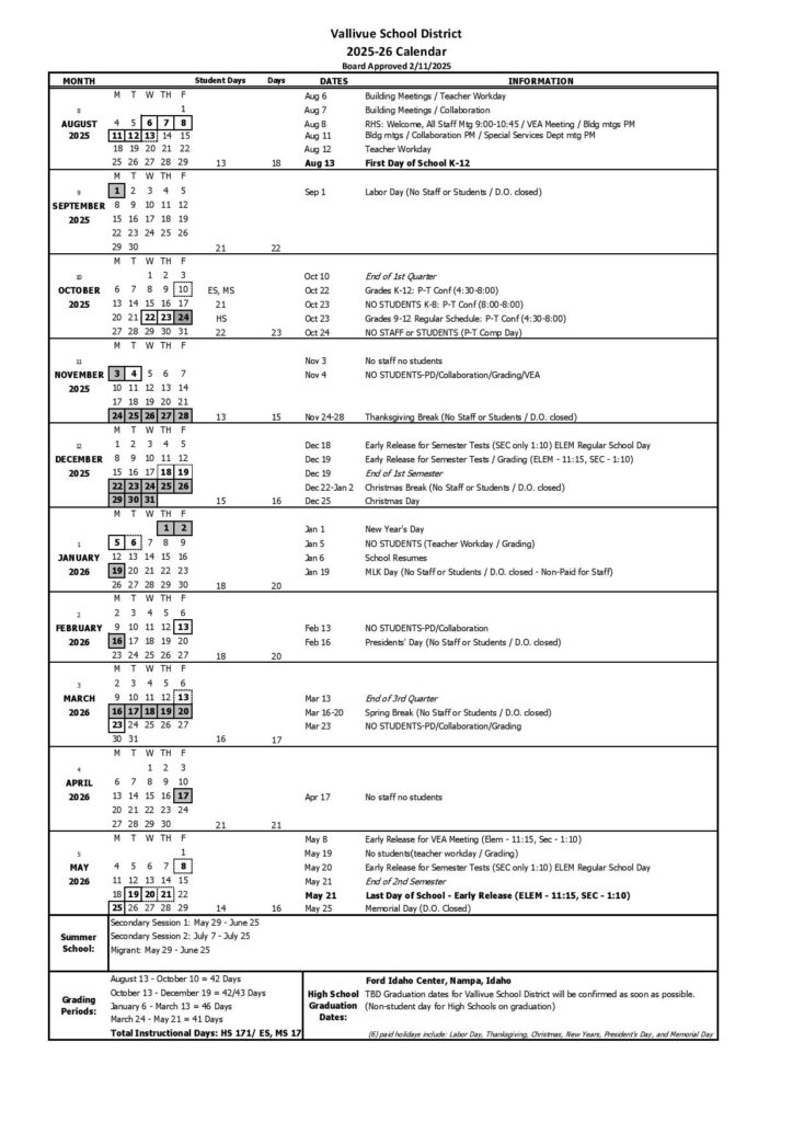 Vallivue School District Calendar 2025-2026