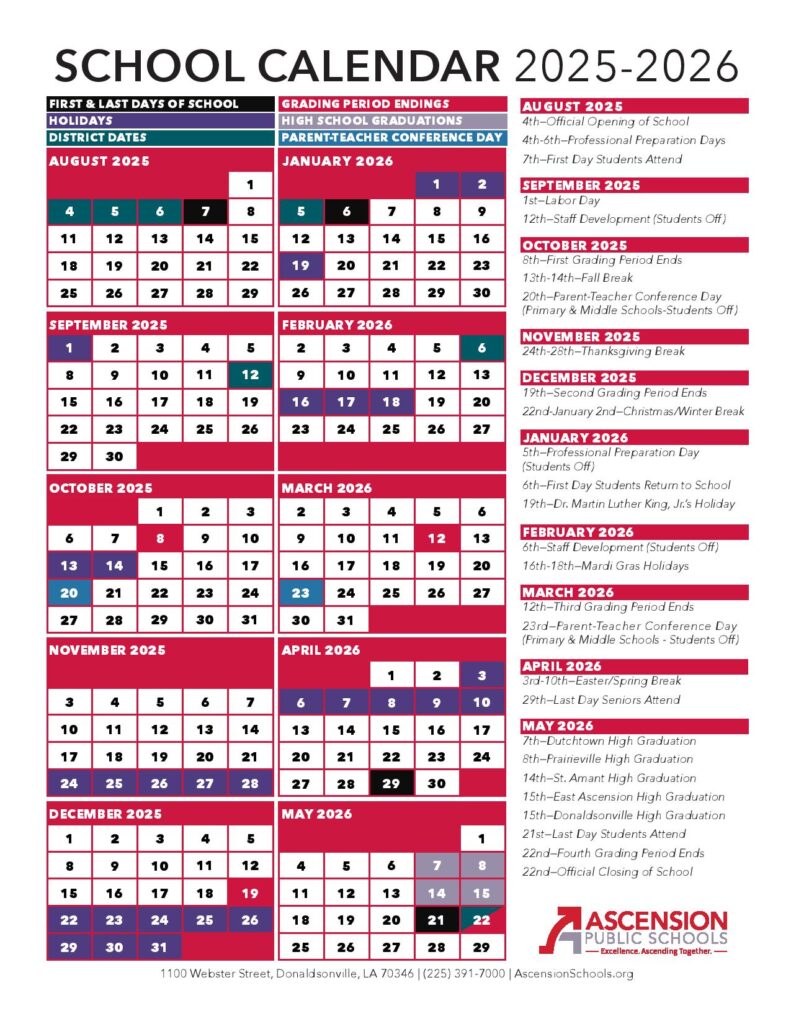 Ascension Parish Schools Calendar 2025-2026