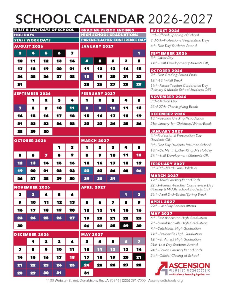 Ascension Parish Schools Calendar 2026-2027