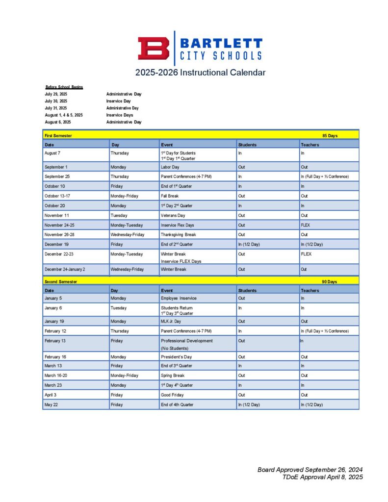 Bartlett City Schools Calendar 2025-2026
