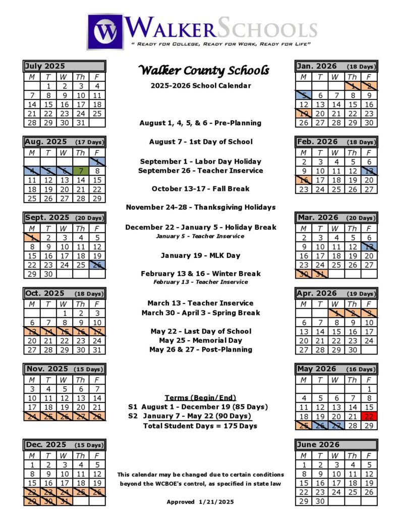 Walker County Schools Calendar 2025-2026
