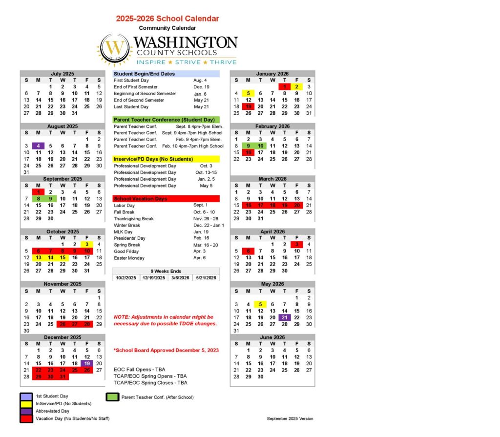 Washington County Schools Calendar 2025-2026