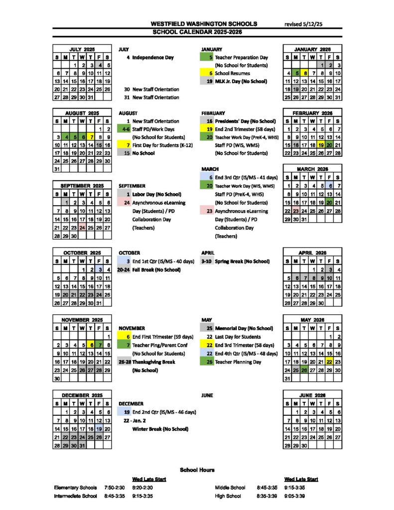 Westfield Washington Schools Calendar 2025-2026