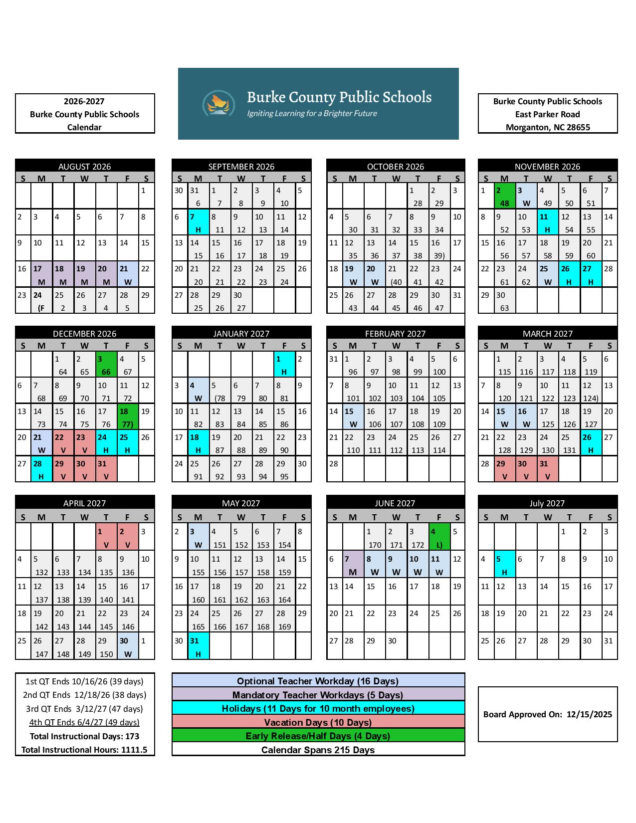 Burke County Schools Calendar 2026-2027 in PDF