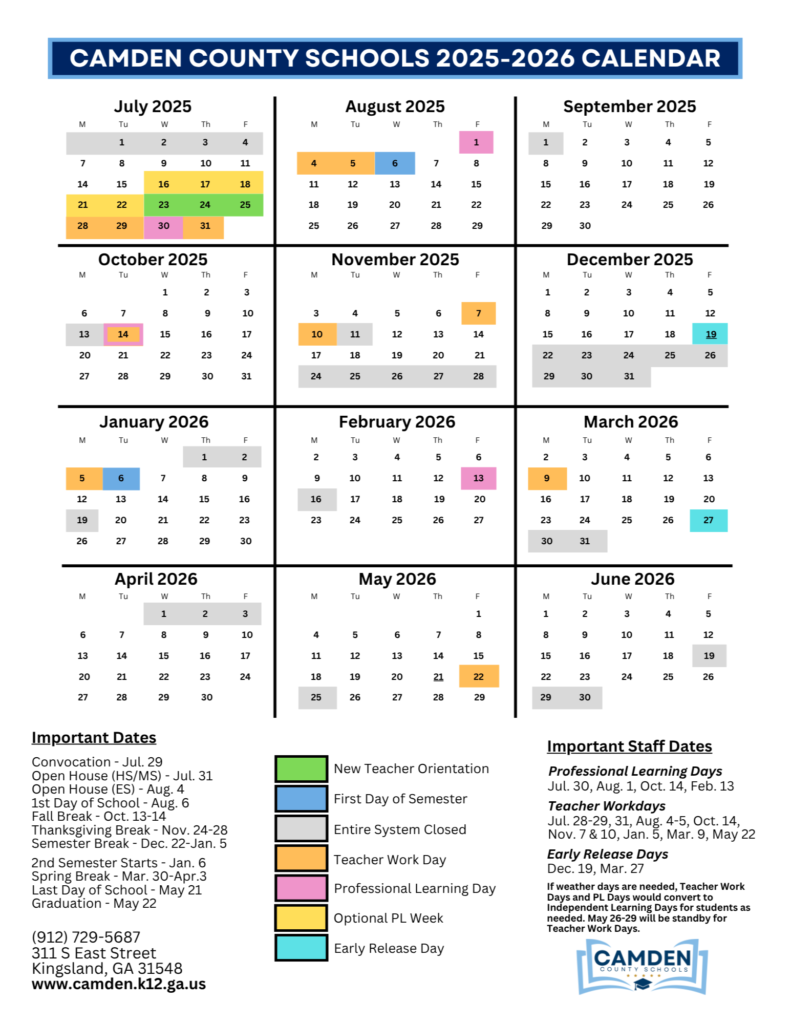 Camden County Schools Calendar 2025-2026