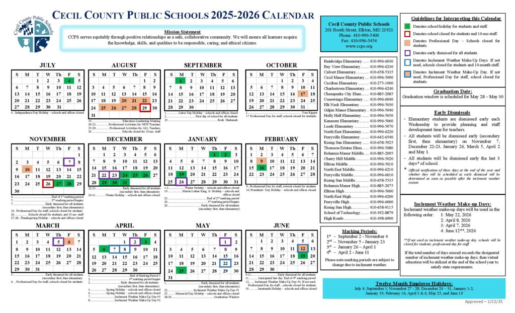 Cecil County Public Schools Calendar 2025-2026