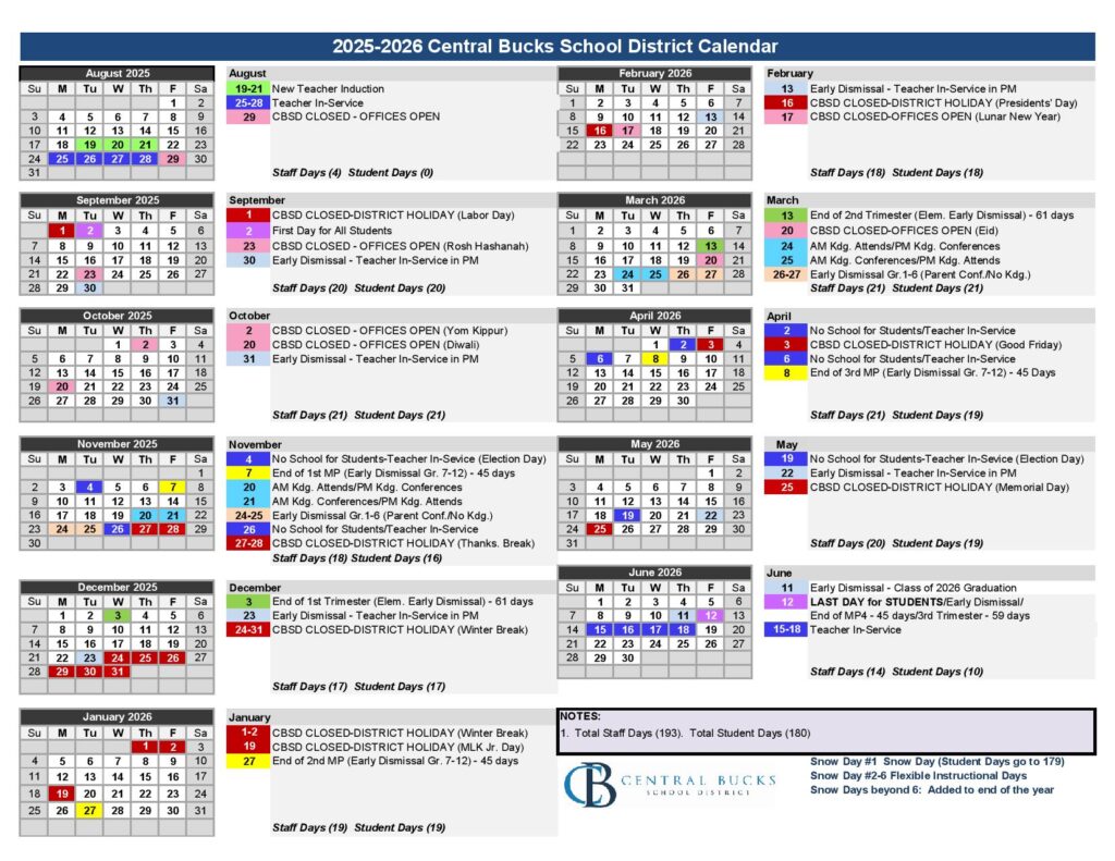Central Bucks School District Calendar 2025-2026