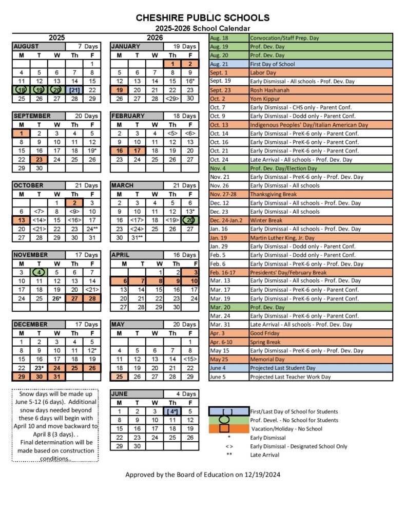 Cheshire Public Schools Calendar 2026