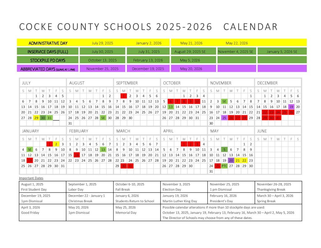 Cocke County School Calendar 2025-2026