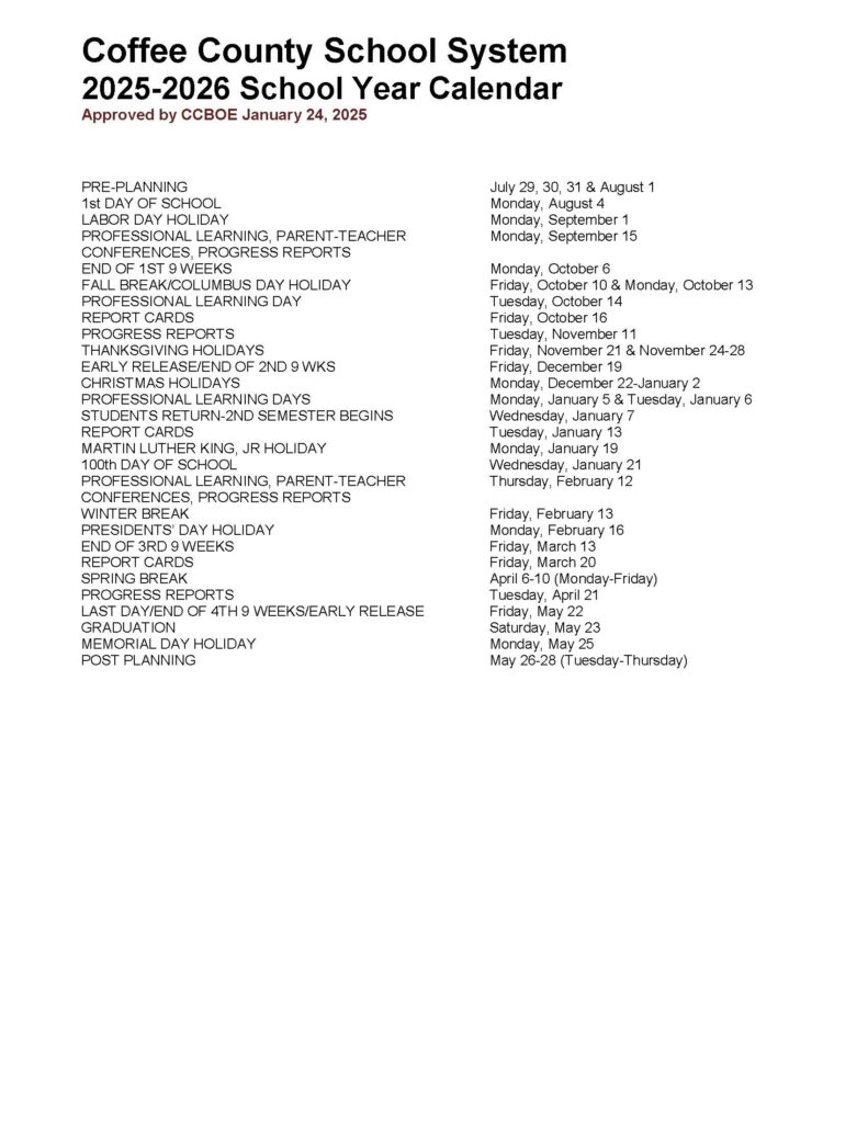 Coffee County Schools Calendar 2026