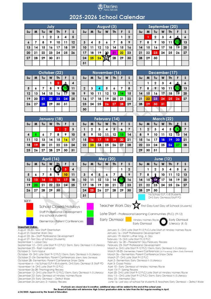 Darien Public Schools Calendar 2025-2026