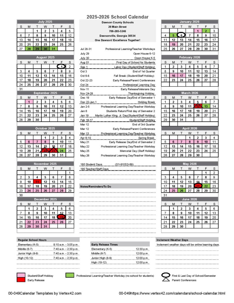 Dawson County Schools Calendar 2025-2026