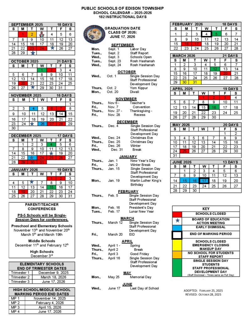 Edison Public Schools Calendar 2025-2026