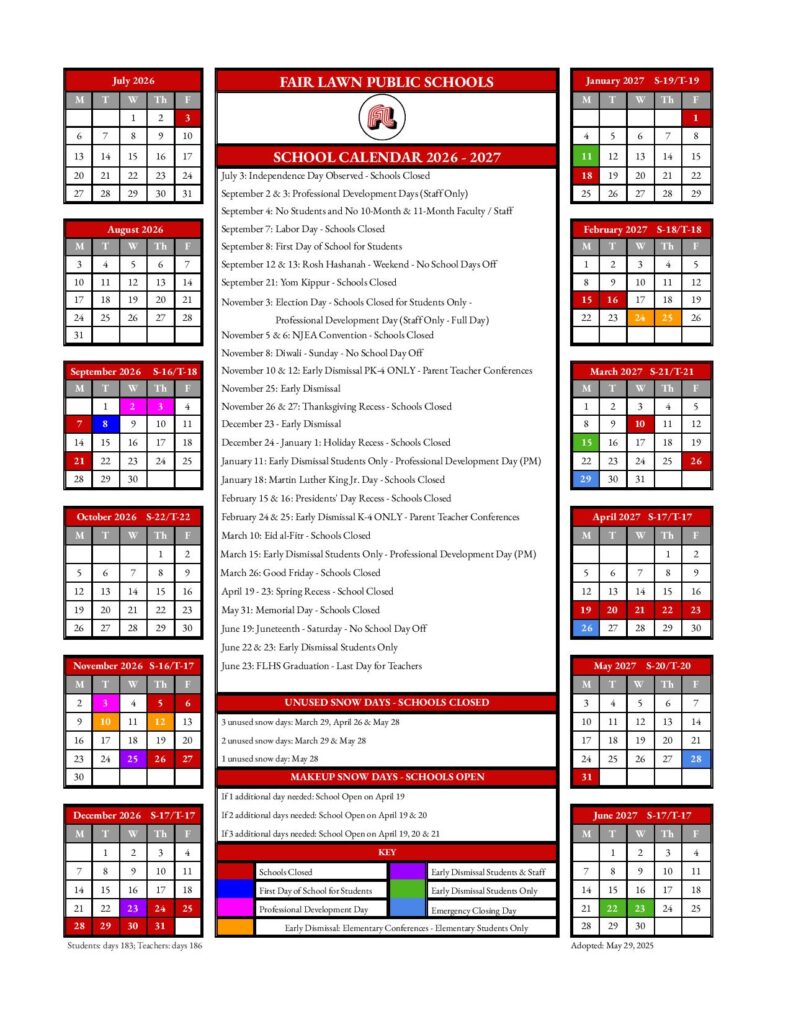 Fair Lawn Schools Calendar 2026-2027