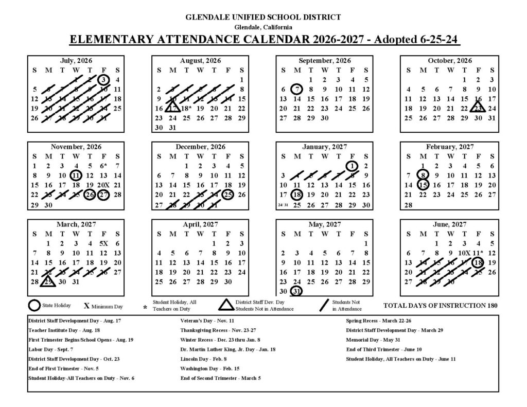 Glendale Unified School District Calendar 2026-2027