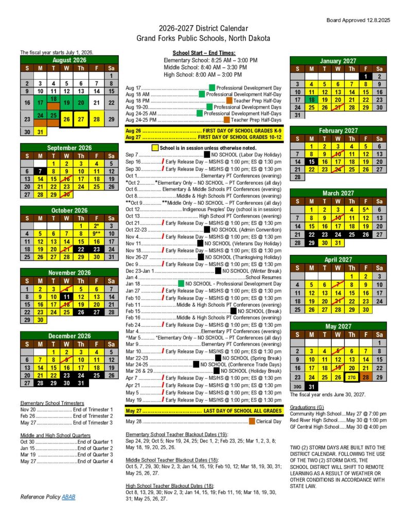 Grand Forks Public Schools Calendar 2026-2027