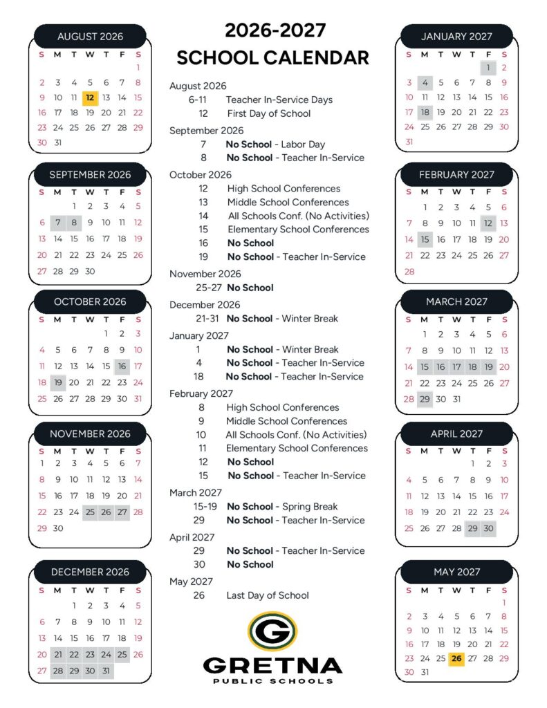 Gretna Public Schools Calendar 2026-2027