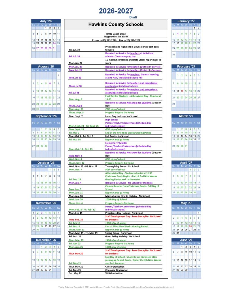 Hawkins County School District Calendar 2026-2027