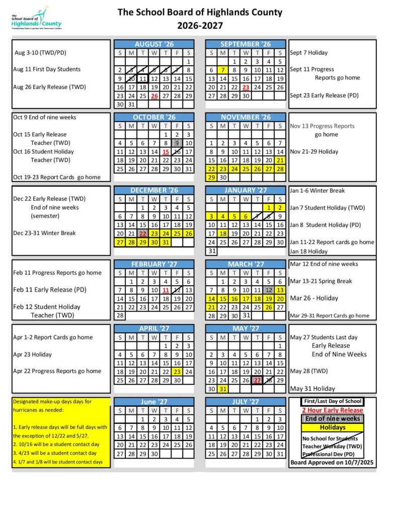 Highlands County Schools Calendar 2026-2027