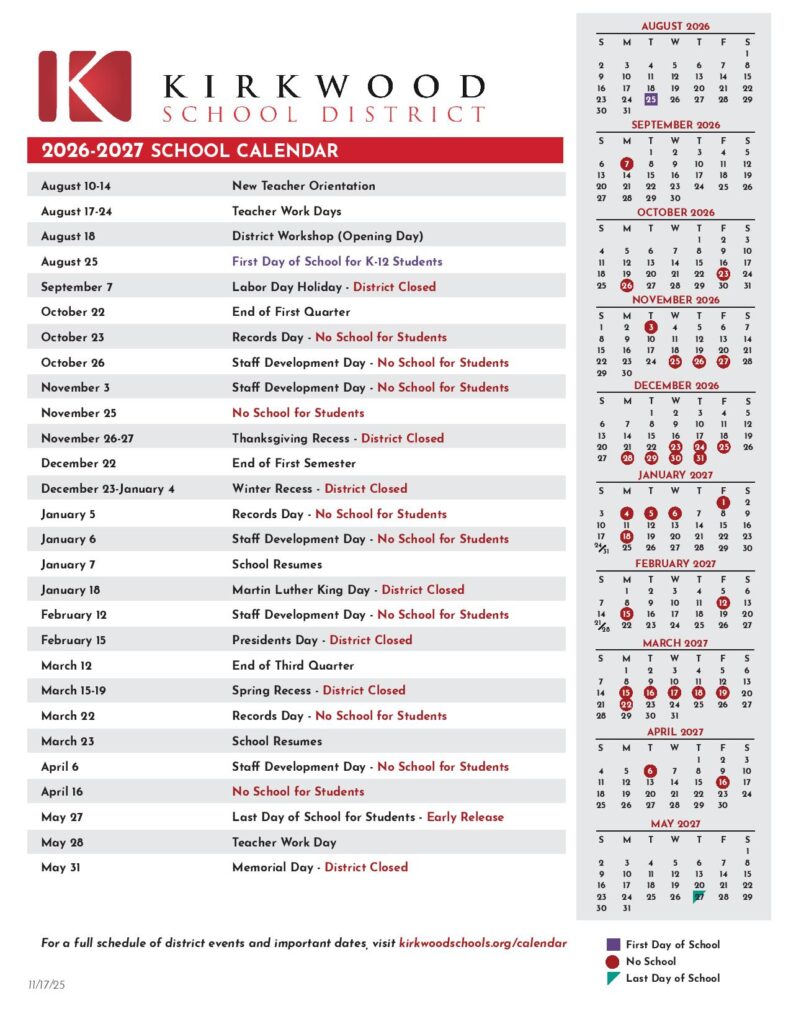 Kirkwood School District Calendar 2026-2027