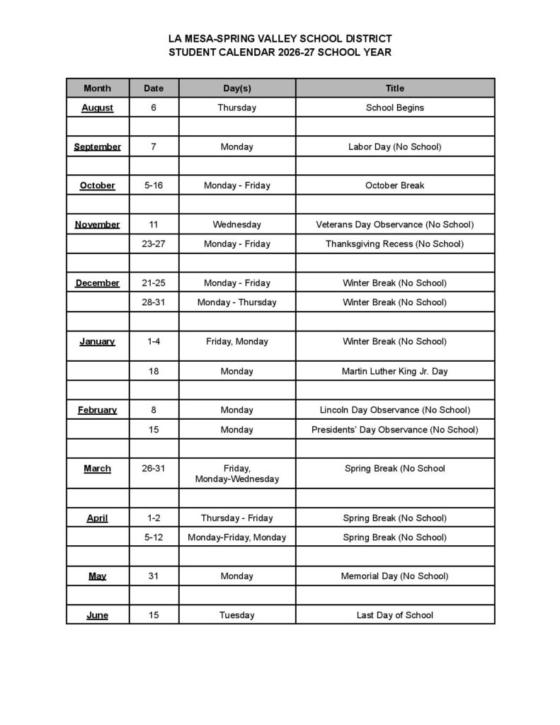 La Mesa Spring Valley School District Calendar 2026-2027