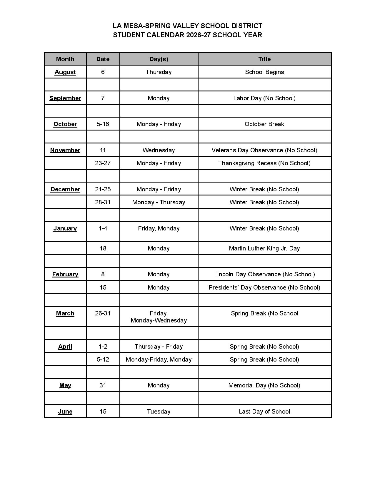 La Mesa Spring Valley School District Calendar 2026-2027
