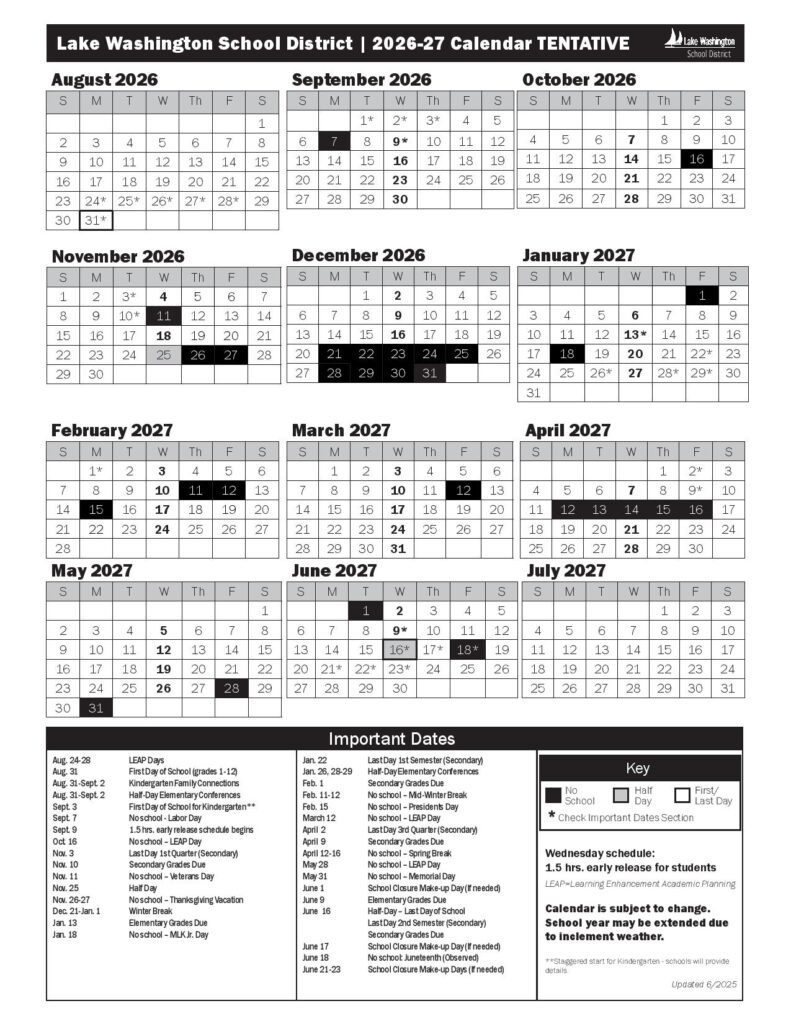 Lake Washington School District Calendar 2026-2027